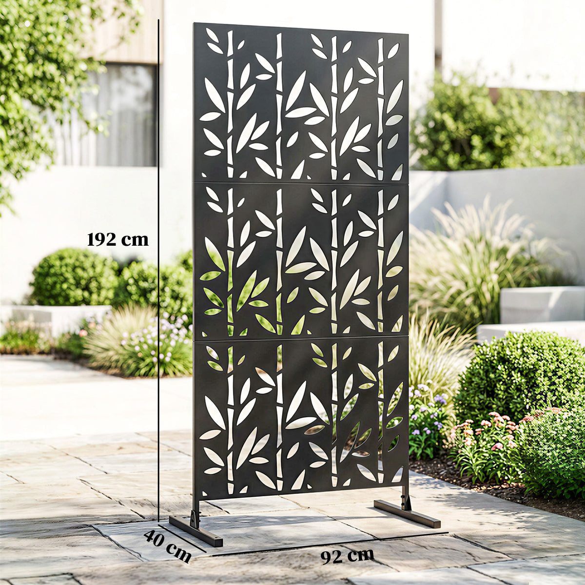 Panneau Brise Vue décoratif Extérieur Claustra Décoratif Jardin 3 Panneaux à motif Bambou métal 92x40x192cm Noir-2