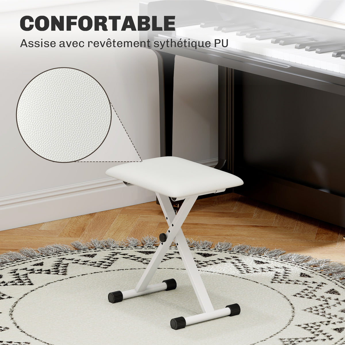 Tabouret piano pliable, banc piano réglable en hauteur, siège rembourré en PU, 39 x 29 x 37-47 cm, blanc-3