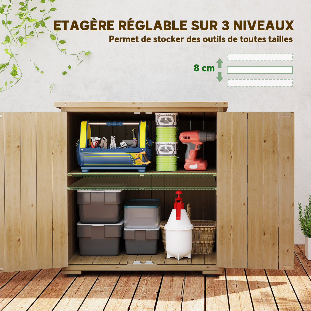 Armoire de rangement en bois pour le jardin, Double Porte étagère réglable et Toit bitumé bois sapin-3
