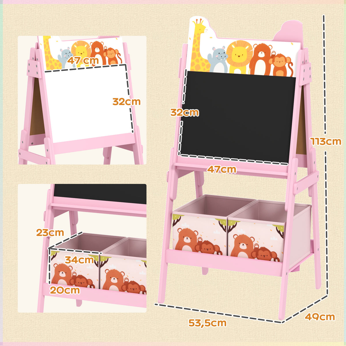 Tableau enfant chevalet enfant double face 2 boîtes de rangement pour enfants 3 - 8 ans 49 x 53,5 x 113 cm rose-2