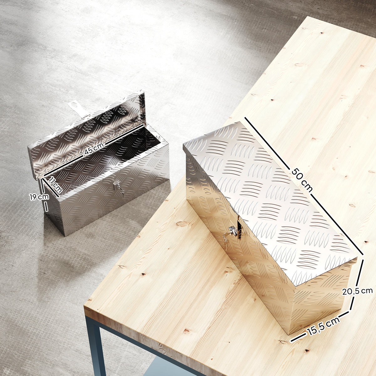 Boîte de rangement - boîte à outils en aluminium - caisse à outil alu. verrouillage clé dim. 50L x 15,5l x 20,5H cm - argent-2