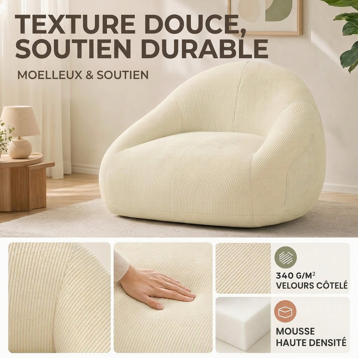 Pouf pour Adultes en Velours Côtelé, Rembourré en Mousse, Forme Enveloppante, Sans Montage, 114x121x60cm, Crème-3