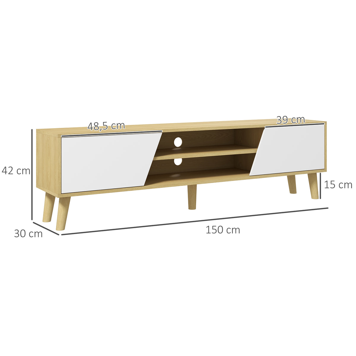 Meuble TV pour télévision jusqu'à 65 pouces design scandinave 2 portes 2 niches avec passe-câbles 150 x 30 x 42 cm-2