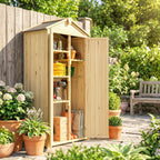 Armoire de Jardin Extérieur en Bois 3 Portes, 4 Étagères, Toit à Pignon, Compartiment, 93x53x168cm, Naturel-8