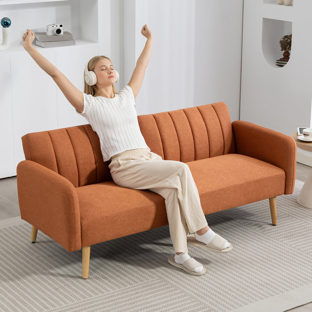 Canapé Convertible 2 Places Design scandinave Dossier inclinable 3 Positions Pieds Bois Tissu Aspect Lin marron-8