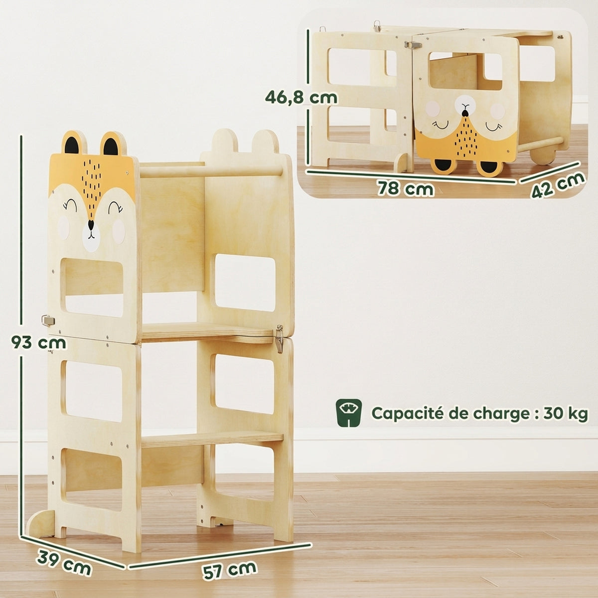 Tour d'Apprentissage Enfant 3 en 1, Tour d'Observation Enfant Pliable avec Tableau Noir, Motif Renard, Naturel-2