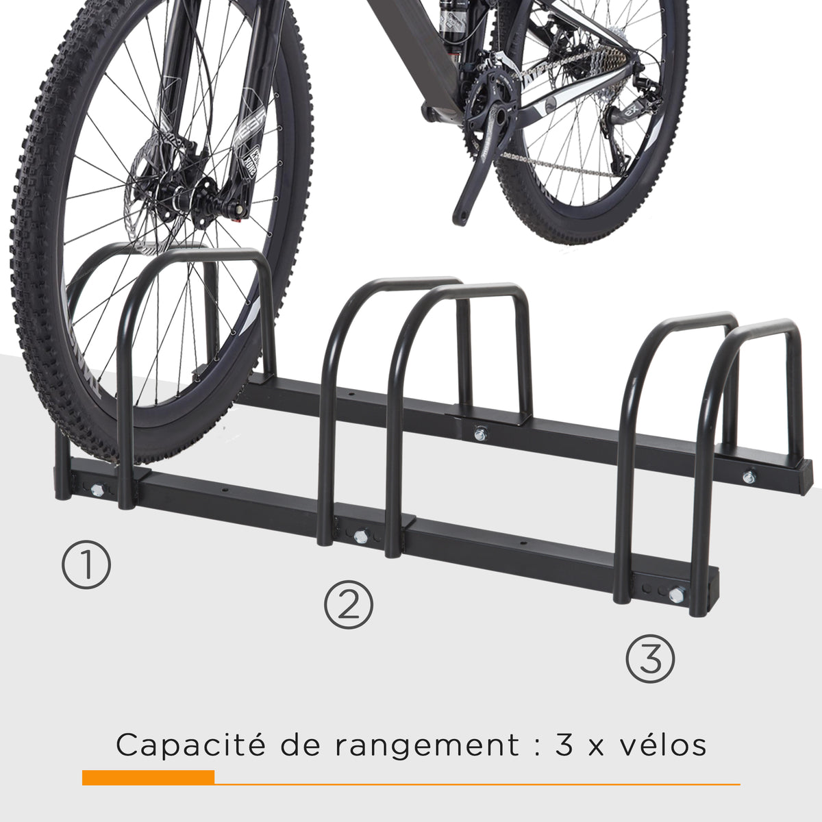 Râtelier 3 vélos - - rangement pneu 65 mm sol ou mural - pour VTT enfants BMX - 76 x 33 x 27 cm - acier - noir-3