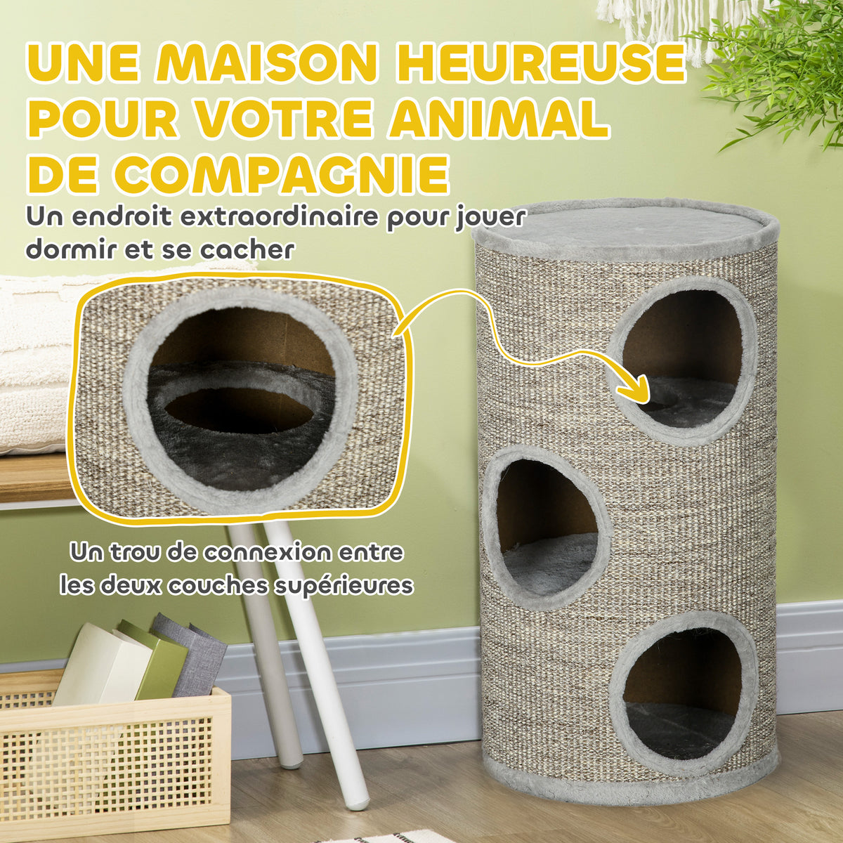 Tonneau à gratter pour chat, tour à griffer en sisal à 3 niveaux recouvert de peluche, Ø 38 x 70 cm, gris-3