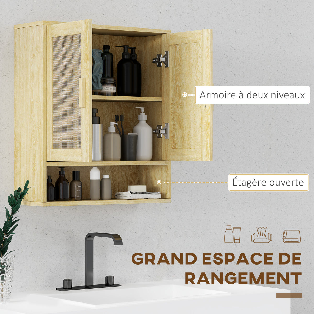 Meuble mural salle de bain meuble wc suspendu avec double porte et étagère ouverte 59 x 20 x 66,5 cm effet bois de chêne-4