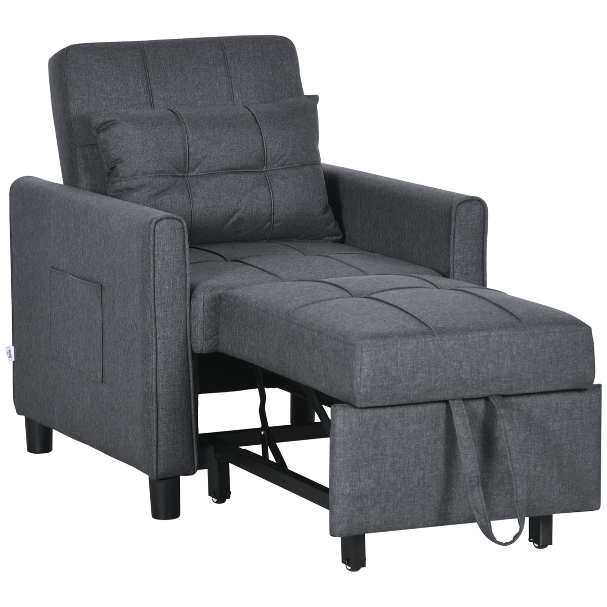 Fauteuil convertible 1 place 3 en 1 dossier réglable en 3 positions oreiller inclus 2 poches latérales 69x82x85cm gris-0