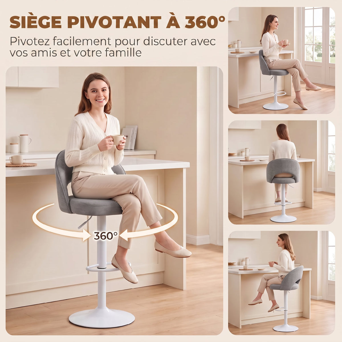 Lot de 2 Tabourets de Bar, Chaises de Bar Réglables en Hauteur, Assise Rembourrée en Chenille, Pivotant 360°, Gris-6