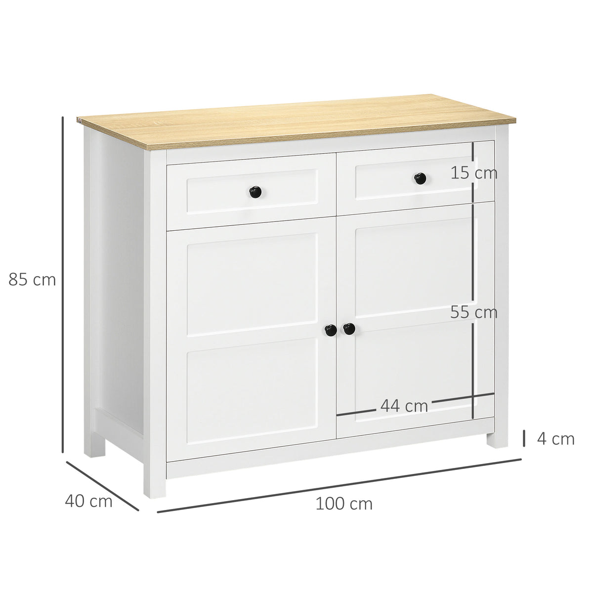 Commode meuble de rangement 2 portes avec étagère réglable en hauteur 2 tiroirs 100 x 40 x 85 cm blanc et aspect bois-2