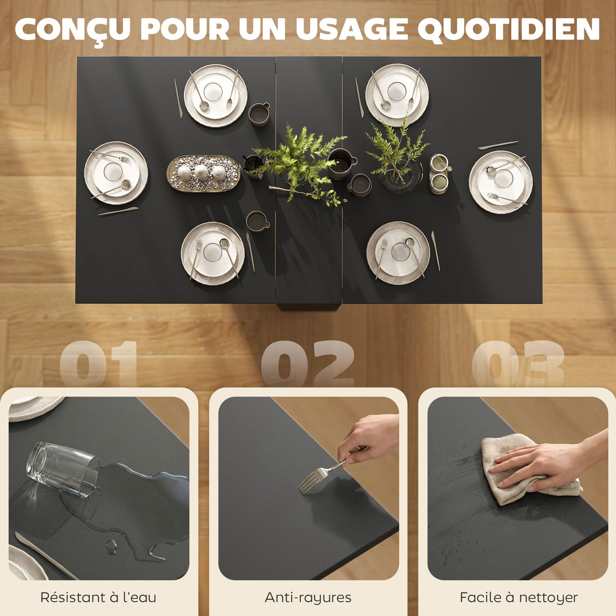 Table pliante de cuisine salle à manger amovible sur roulettes 75 x 140 x 74 cm coloris noir-6
