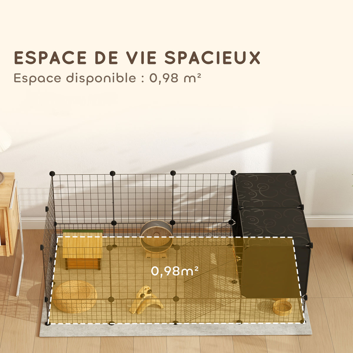 Enclos pour petits animaux, cage à lapin modulable 31 panneaux avec niches surélevées, en acier, 140x70x52cm, noir-5