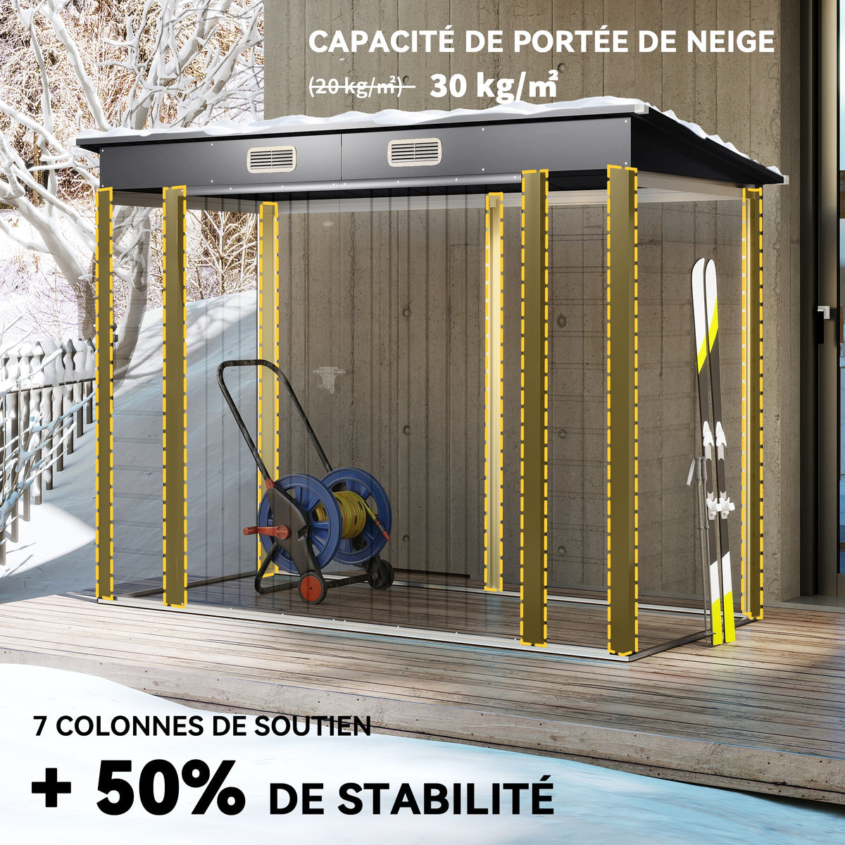 Abri de Jardin 2,7 m², Dim. 249 x 121 x 183 cm gants inclus portes doubles verrouillables ventilations tôle acier gris-5