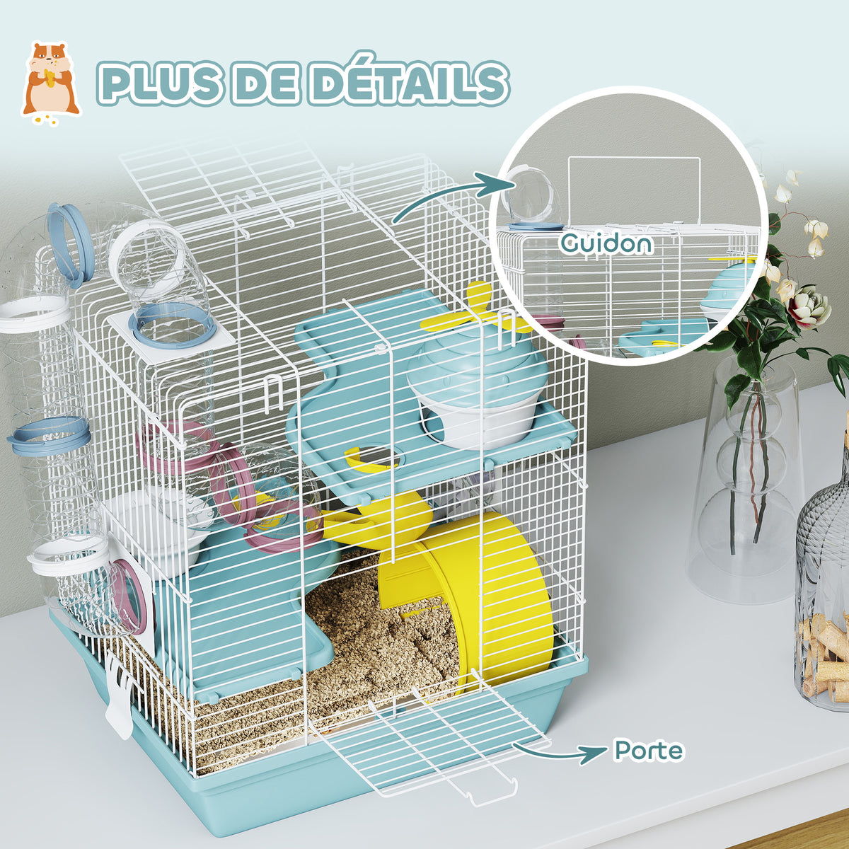 Cage hamster, cage rongeur à 3 niveaux, avec roue d'exercice, tunnel de jeu, gamelle, cabane, 34,5 x 27,5 x 41 cm, bleu-6