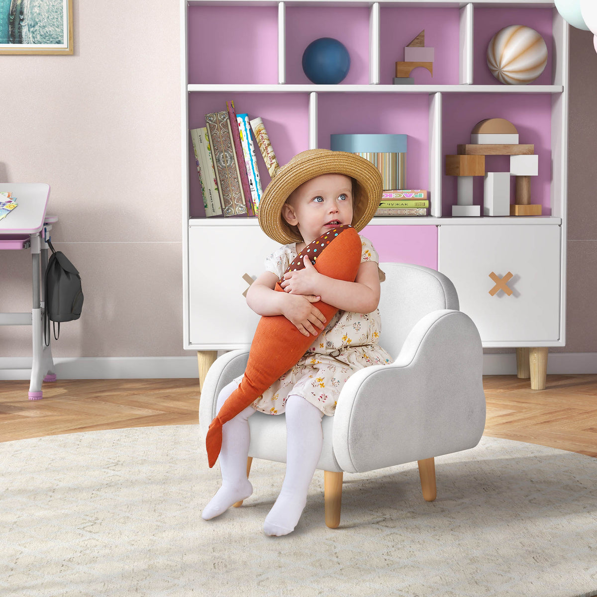 Fauteuil pour enfant design scandinave nuage grand confort avec piètement inclinés et tissu 46 x 51 x 55 cm blanc-1