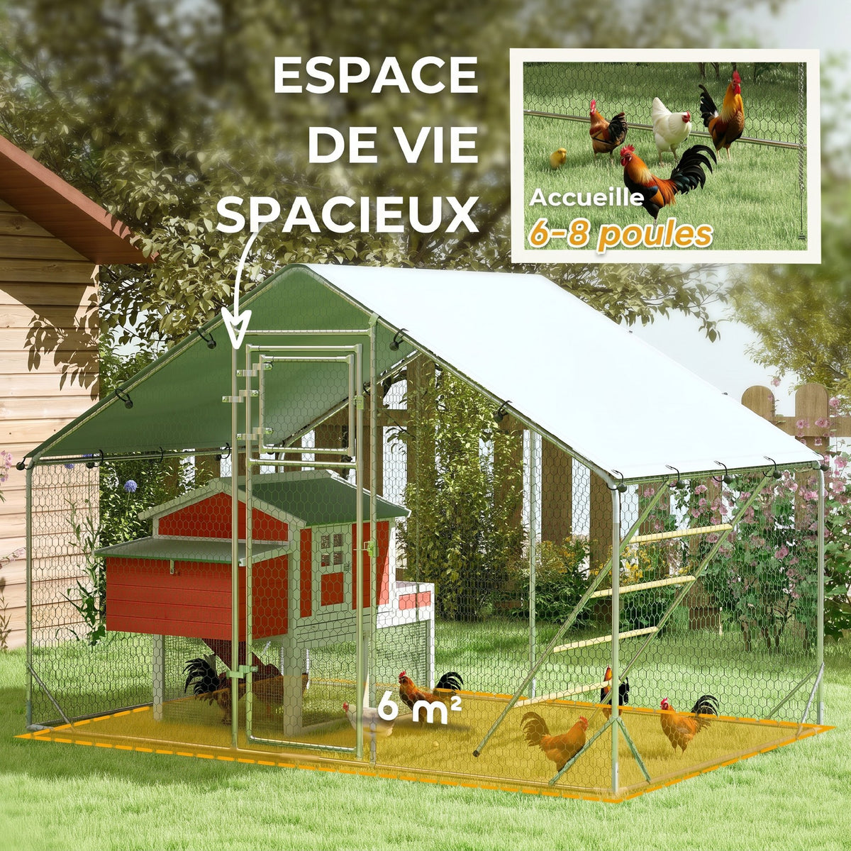 Enclos poulailler extérieur parc grillagé 6 m² avec perchoir et mangeoire acier galvanisé Ø25mm 300x200x195cm argent-3