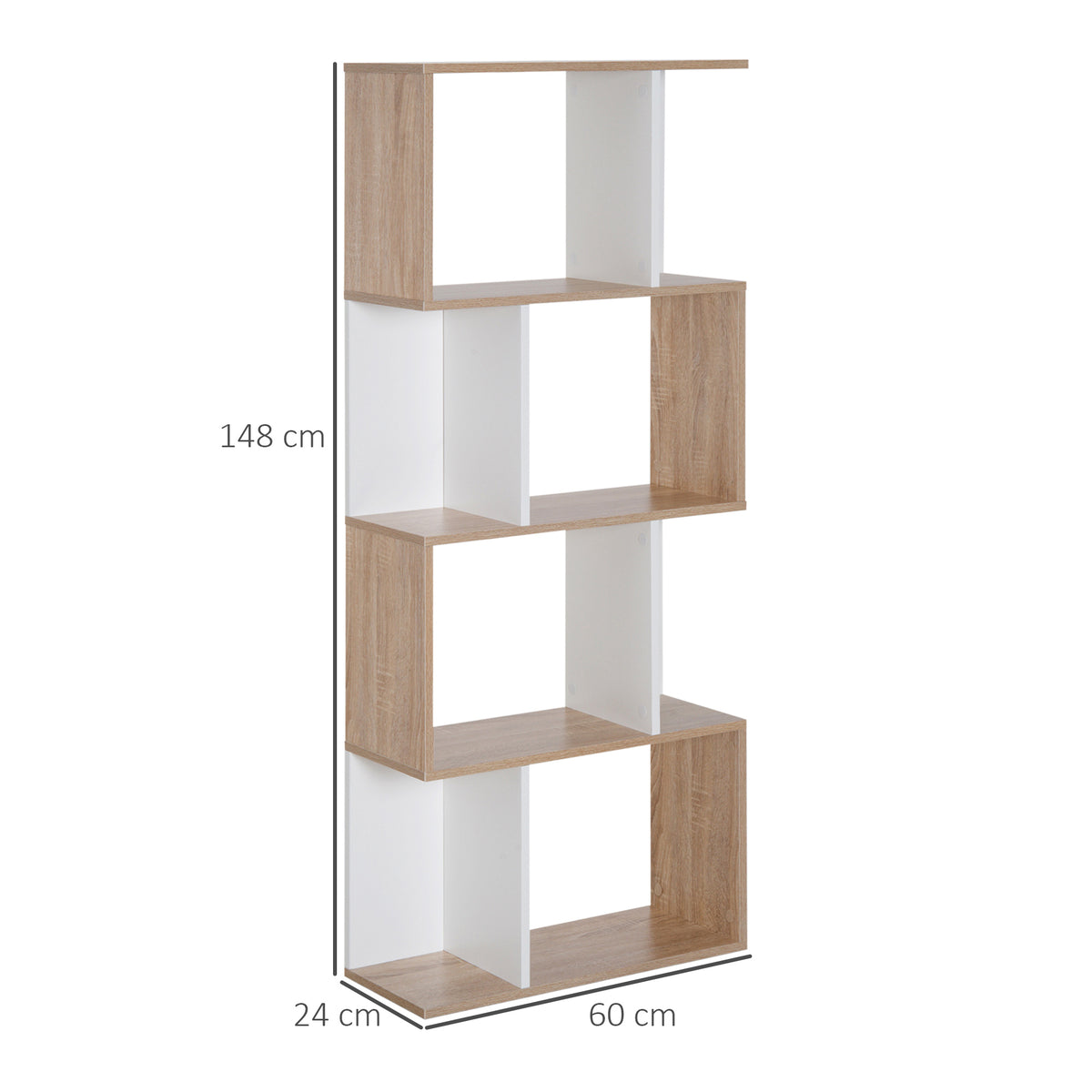 Bibliothèque à 4 niveaux, meuble de rangement en forme de S avec étagères, étagère de rangement pour salon, chambre bureau, 60 x 24 x 148 cm, bois naturel et blanc-2