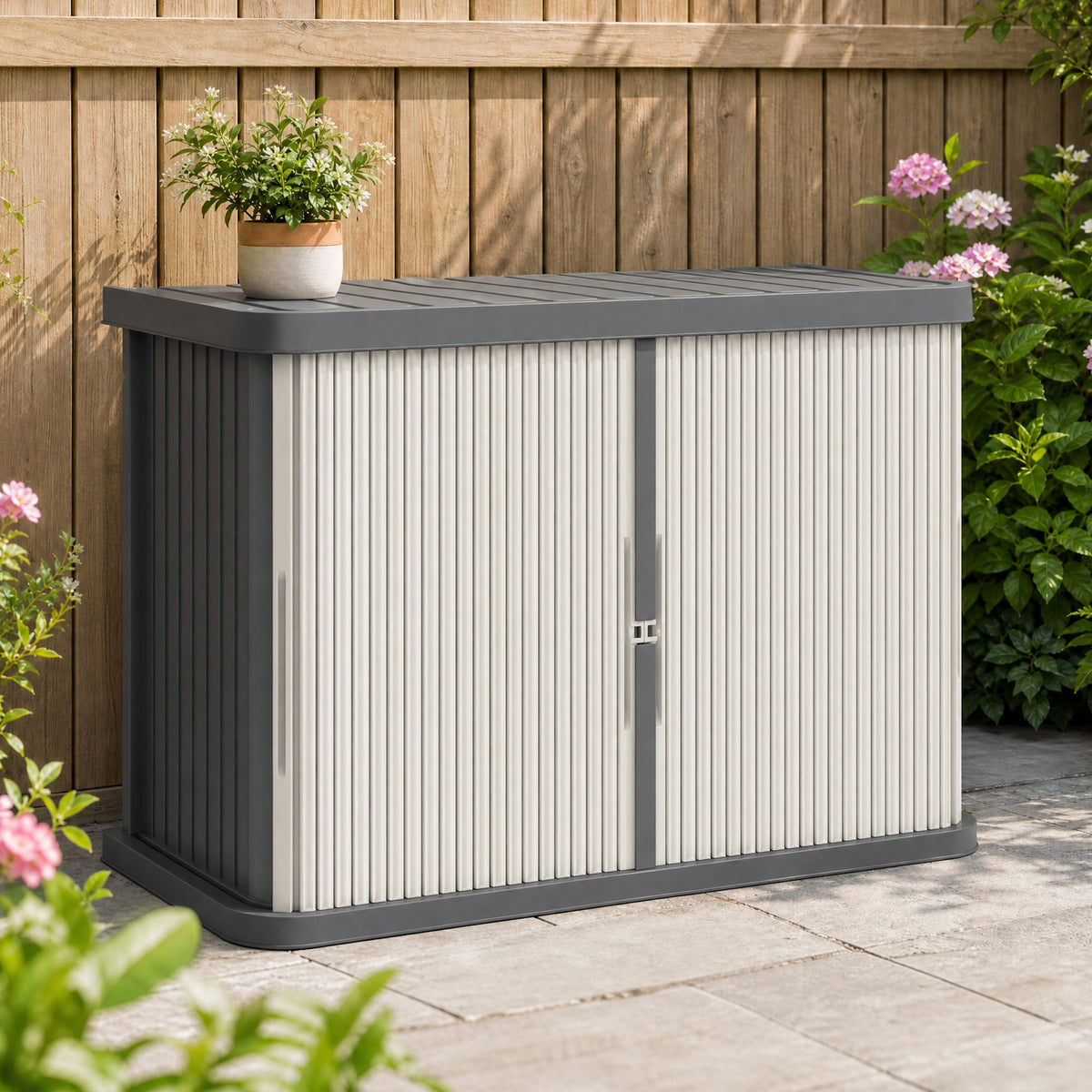Coffre de Rangement Extérieur 480 L, 2 Niveaux avec Portes Coulissantes Résistant aux UV, 120,5x59,5x92cm, Gris-1