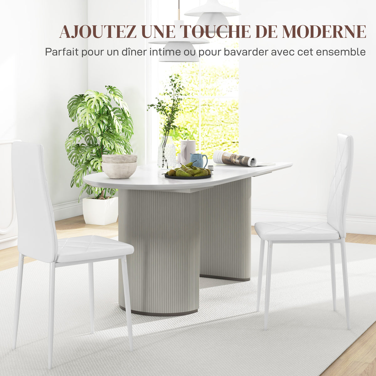 Lot de 2 chaises de salle à manger avec dossier haut, revêtement synthétique et pieds en acier, blanc-3