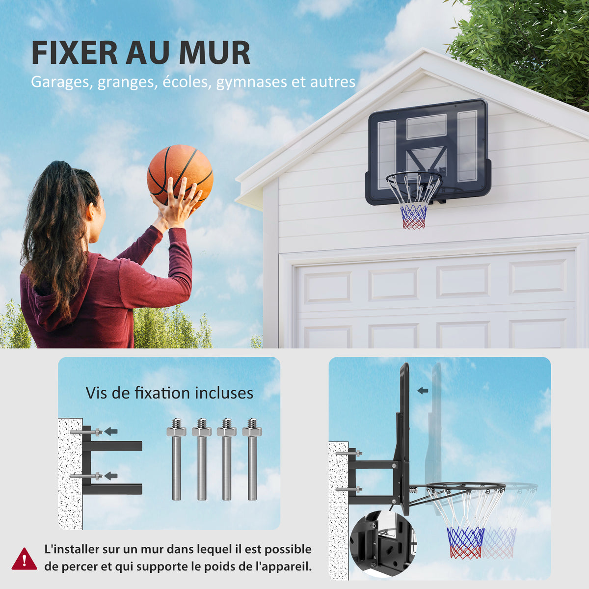 Panier de basket mural panier basket avec panneau incassable cerceau en acier et filet indéchirable 110L x 75H cm noir-3
