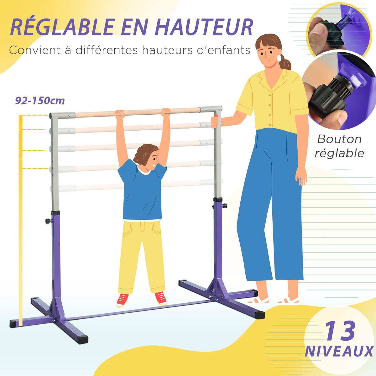 Barre Fixe de Gymnastique pour Enfant, Hauteur Réglable sur 13 Niveaux de 92-150 cm, en Acier et Bois de Hêtre, Barre de Gym d'Entraînement à Domicile, Antidérapant, Facile à Assembler, Violet-3