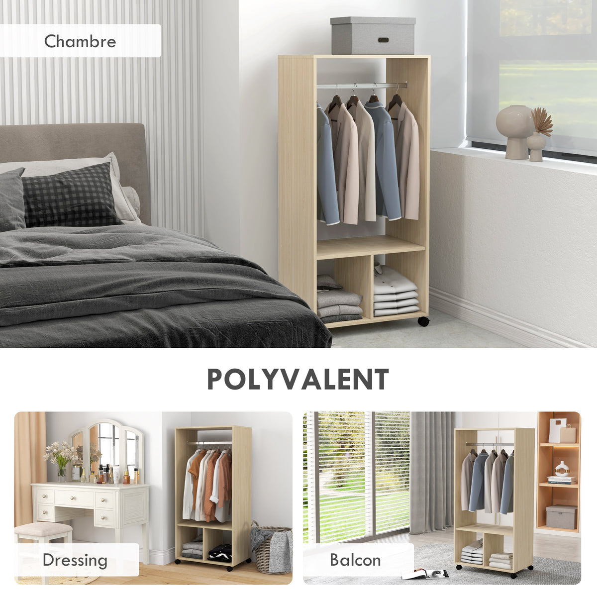 Armoire penderie étagère 2 niches penderie 4 roulettes pivotantes dim. 60L x 40l x 128H cm bois naturel-4