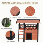 Cabane Chat Extérieur avec Terrasse, Escalier, Toit, Niche Villa, 77 x 50 x 73 cm Marron et Rouge-4
