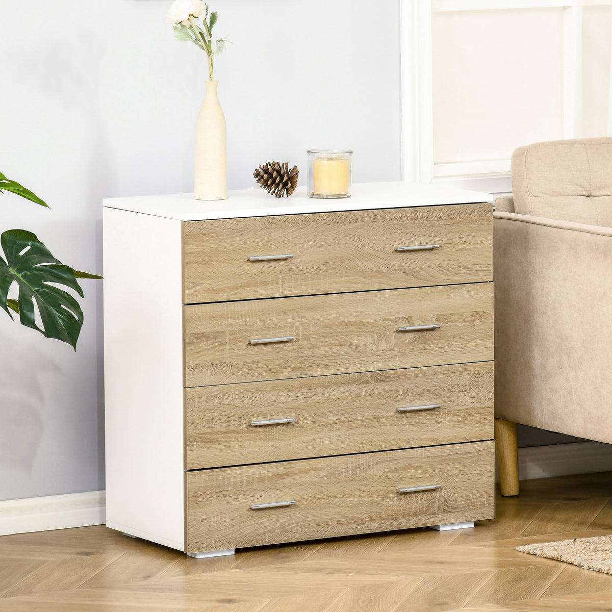 Commode Meuble de Rangement Style Contemporain 4 tiroirs 76 x 35 x 72 cm Blanc et Couleur Bois-1