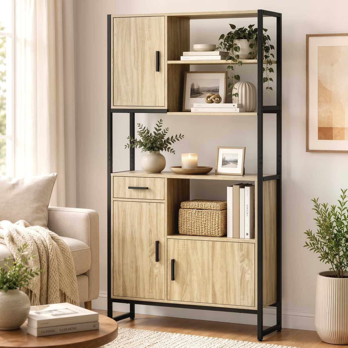 Buffet Haut Cuisine, Armoire de Cuisine, 3 Portes à Fermeture Douce, Tiroir, Plan de Travail, Niches Ouvertes, Naturel-9