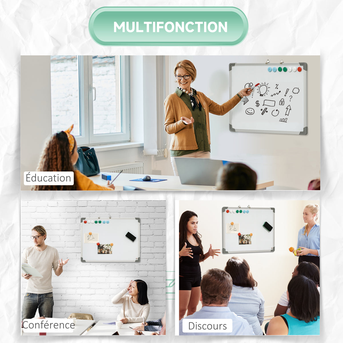 Tableau blanc magnétique cadre aluminium 60 x 45 cm avec feutres, effaceur et aimants-5