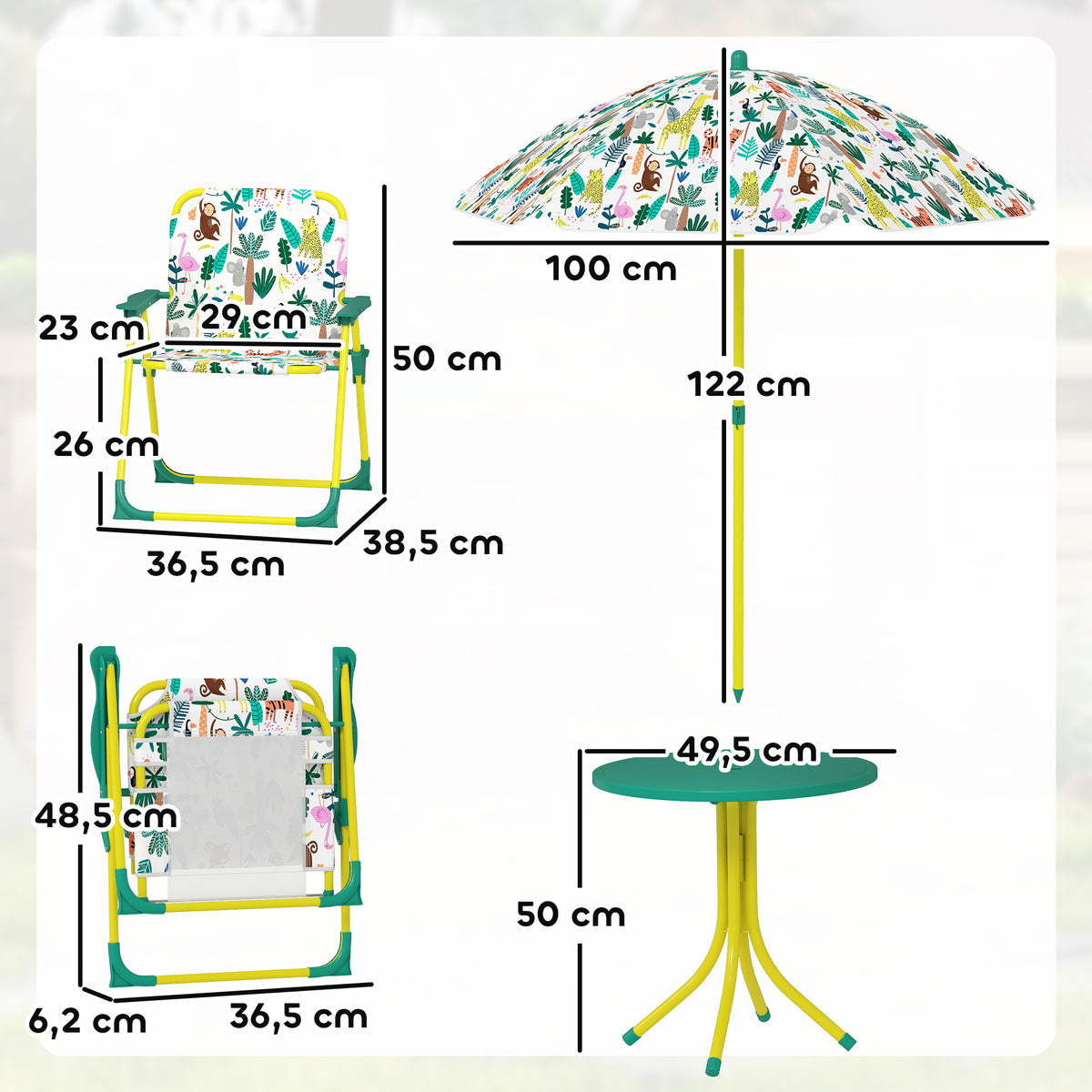 Ensemble Salon de Jardin Extérieur Enfant avec 2 Chaises Pliantes et Parasol, Thème Jungle, pour Jardin, Terrasse, Vert-2