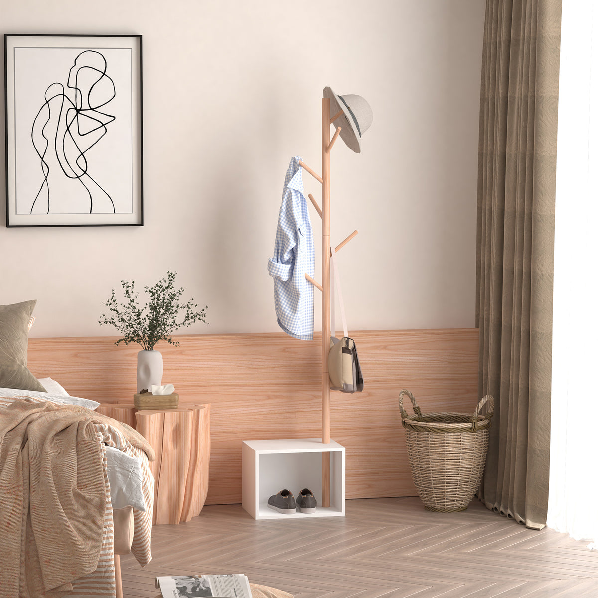 Meuble rangement porte-manteaux 2 en 1 cosy 40L x 30l x 180H cm MDF blanc bois massif bambou-9