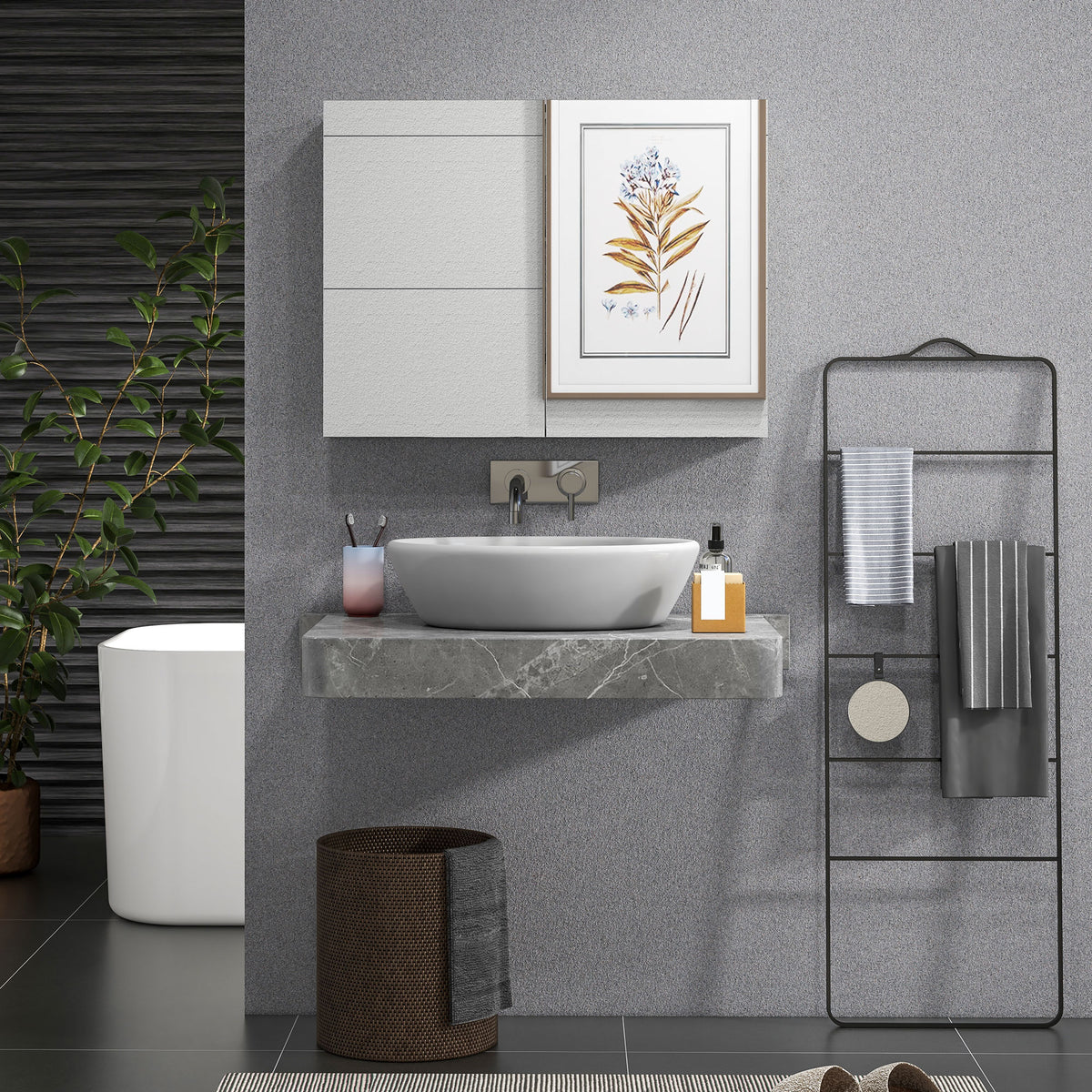 Armoire murale salle de bain avec miroir, meuble salle de bain, double portes et étagères réglables, 80x15x60cm, gris-7