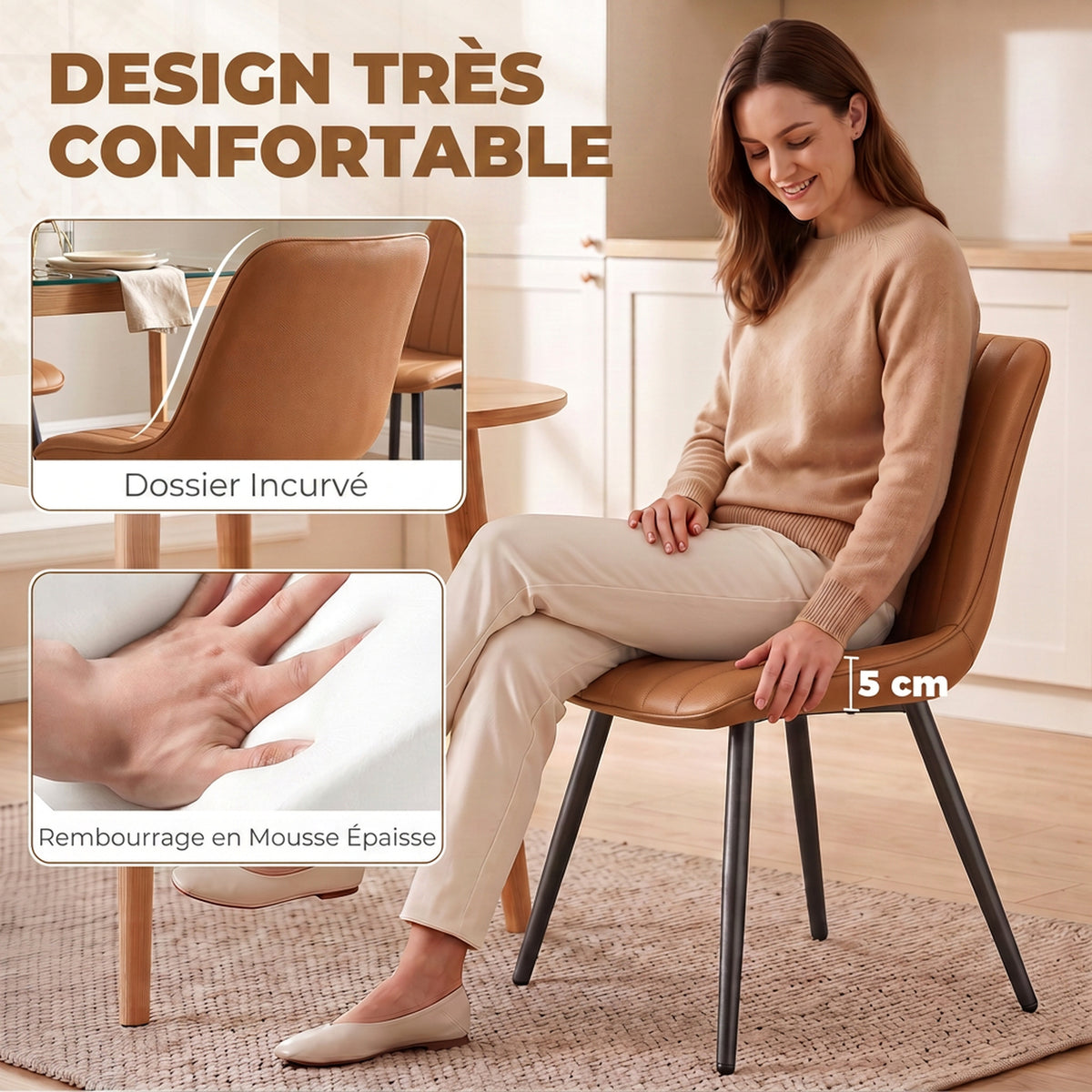 Lot de 2 Chaises de Salle à Manger Modernes, Dossier et Assise Incurvés, en Revêtement Synthétique, 51x61x78cm, Marron-4
