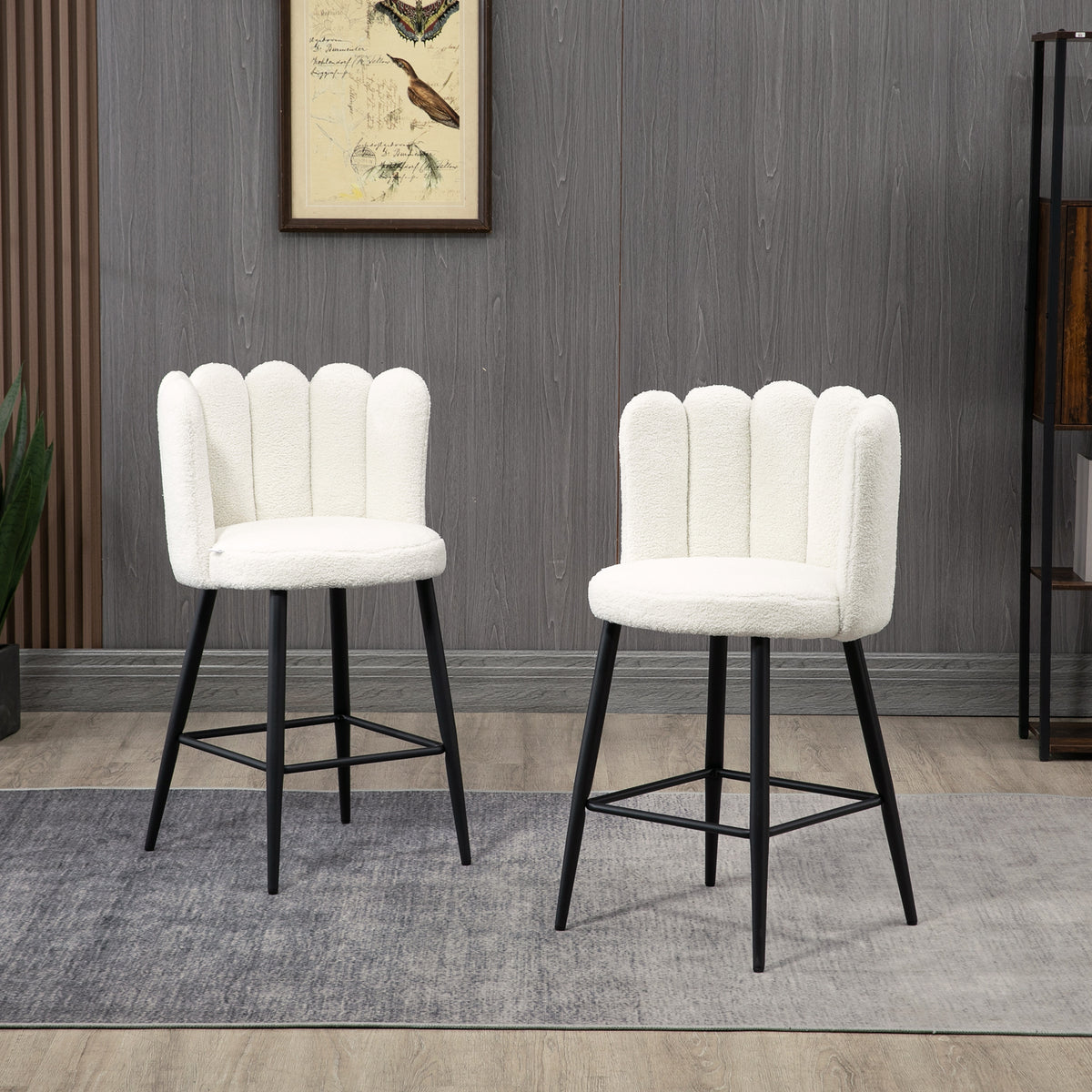 Lot de 2 chaises hautes tabourets de bar avec repose-pieds acier tissu effet laine bouclée hauteur 65 cm crème noir-8