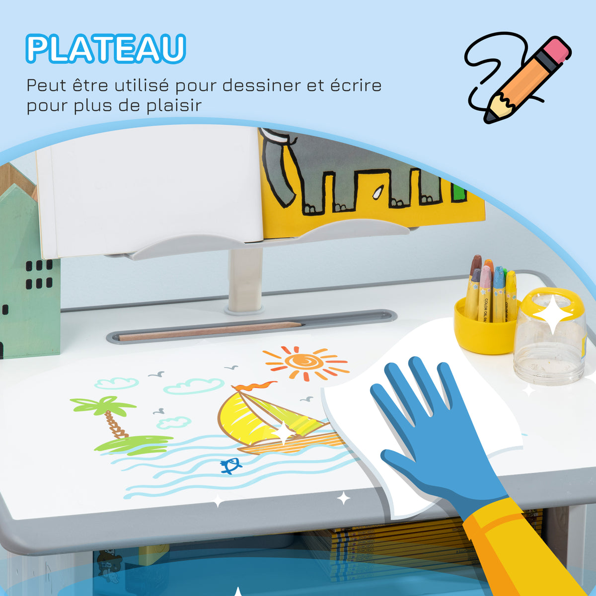 Bureau et chaise pour enfant avec support de lecture casier crochet et porte stylo 60 x 45x 90-102 cm gris-6