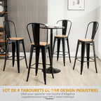 Lot de 4 tabourets de Bar Industriel avec Dossier Repose-Pied Hauteur Assise 76 cm métal noir Panneaux Multicouches Imitation Bois Clair-3