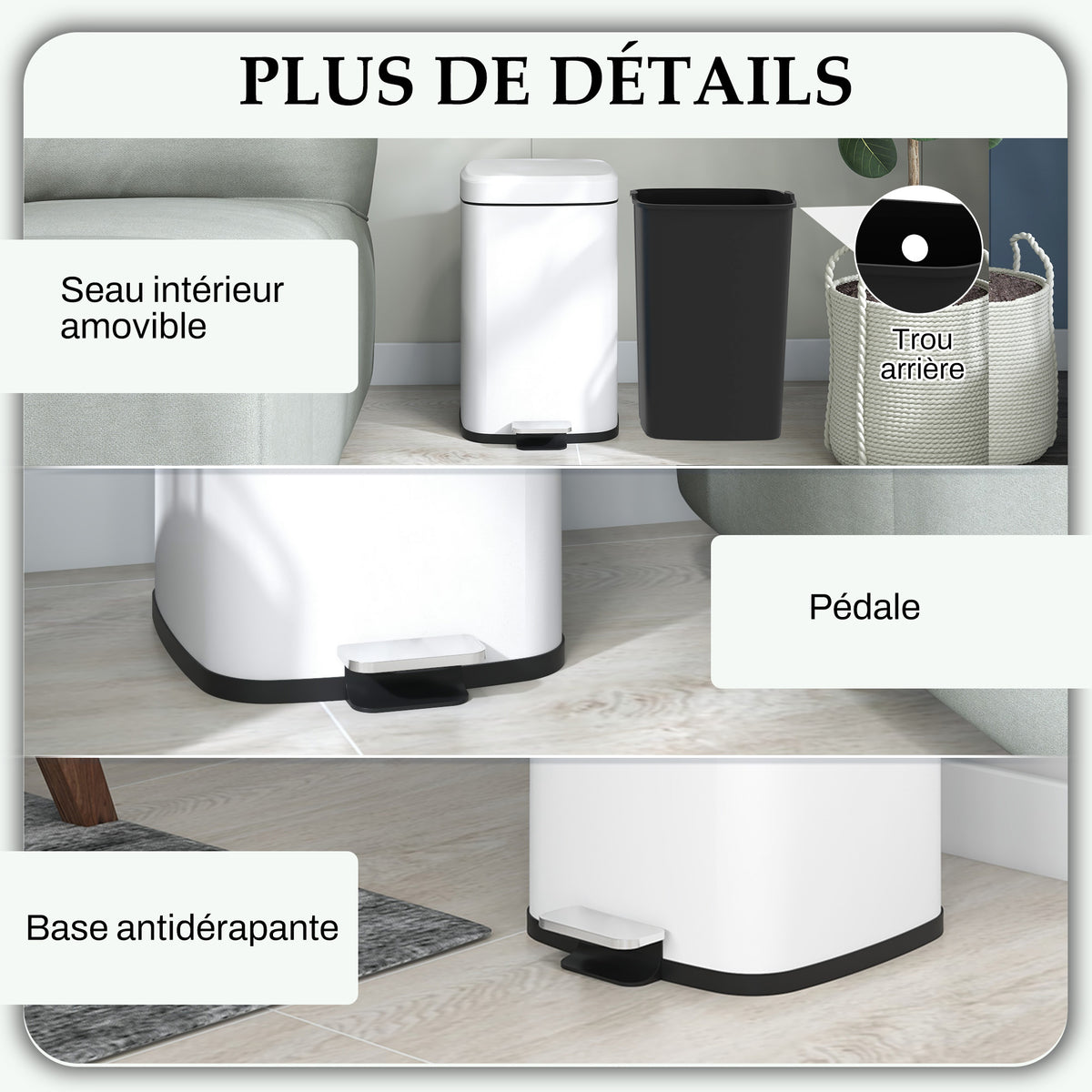 Poubelle de cuisine 20L avec couvercle à fermeture douce et pédale, seau intérieur amovible, 28L x 35l x 45H cm, blanc-6