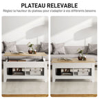 Table basse plateau relevable, table de salon avec étagères et compartiment caché,105 x 50 x 49-62,5 cm blanc-3