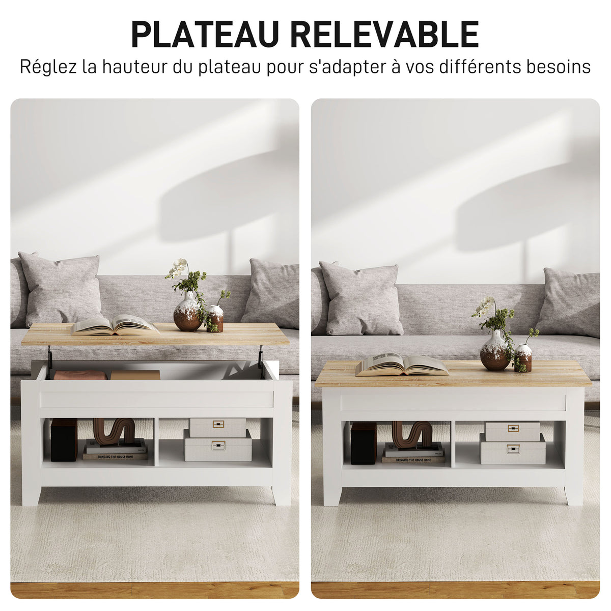 Table basse plateau relevable, table de salon avec étagères et compartiment caché,105 x 50 x 49-62,5 cm blanc-3
