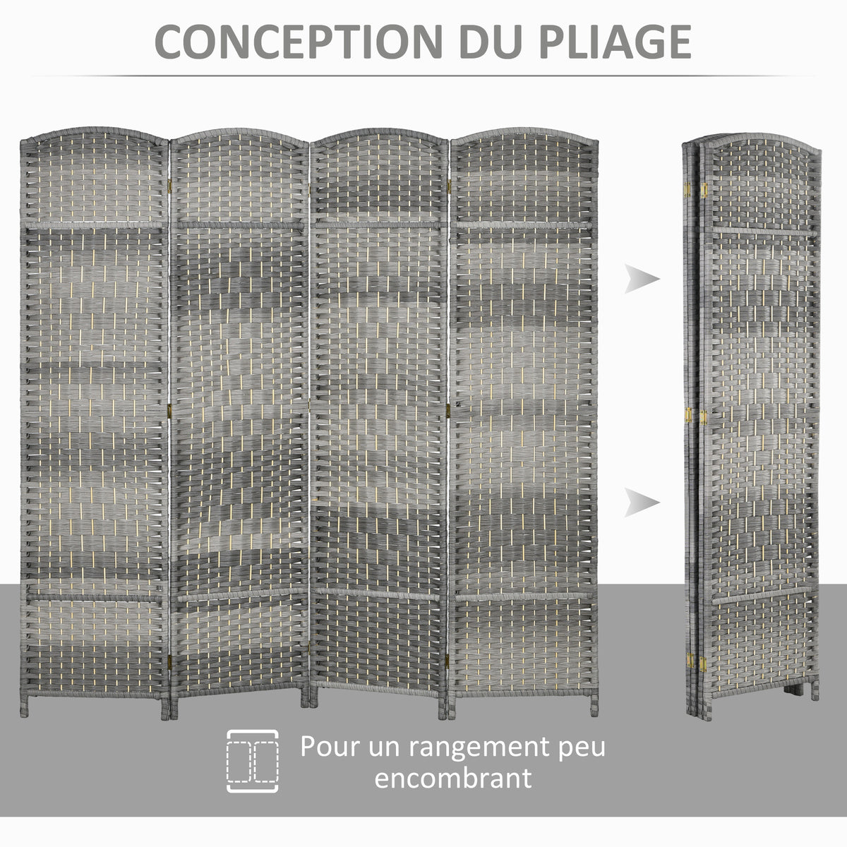 Paravent intérieur en bois 4 panneaux séparateur de pièce pliable pour salon chambre 180 x 180 cm gris mélangé-3