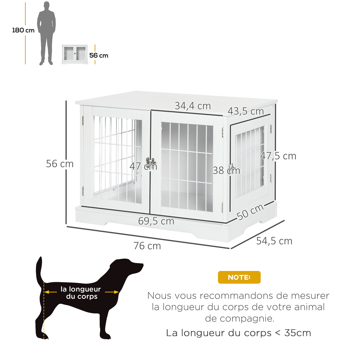 Cage pour chien animaux 2 en 1 table d'appoint meuble cage chien intérieur avec 2 portes verrouillables - dim. 76L x 54.5l x 56H cm - Métal et MDF-2