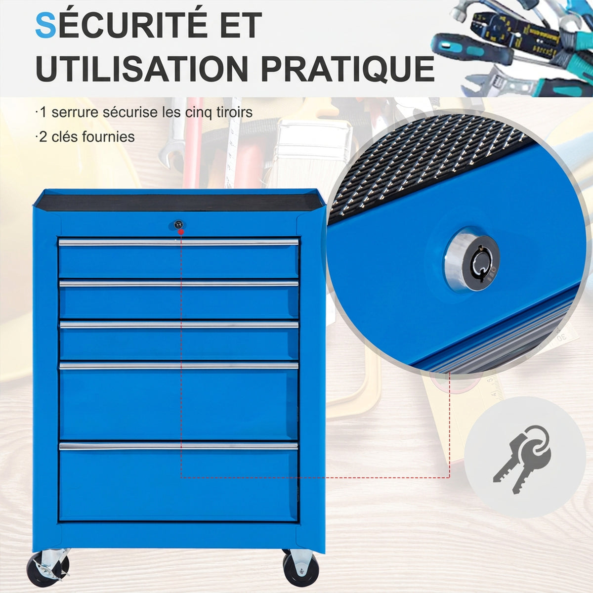 Chariot à outils sur roulettes, Servante d'atelier en acier 5 tiroirs verrouillable 2 clés, 61,5 x 33 x 82,5 cm, bleu-3