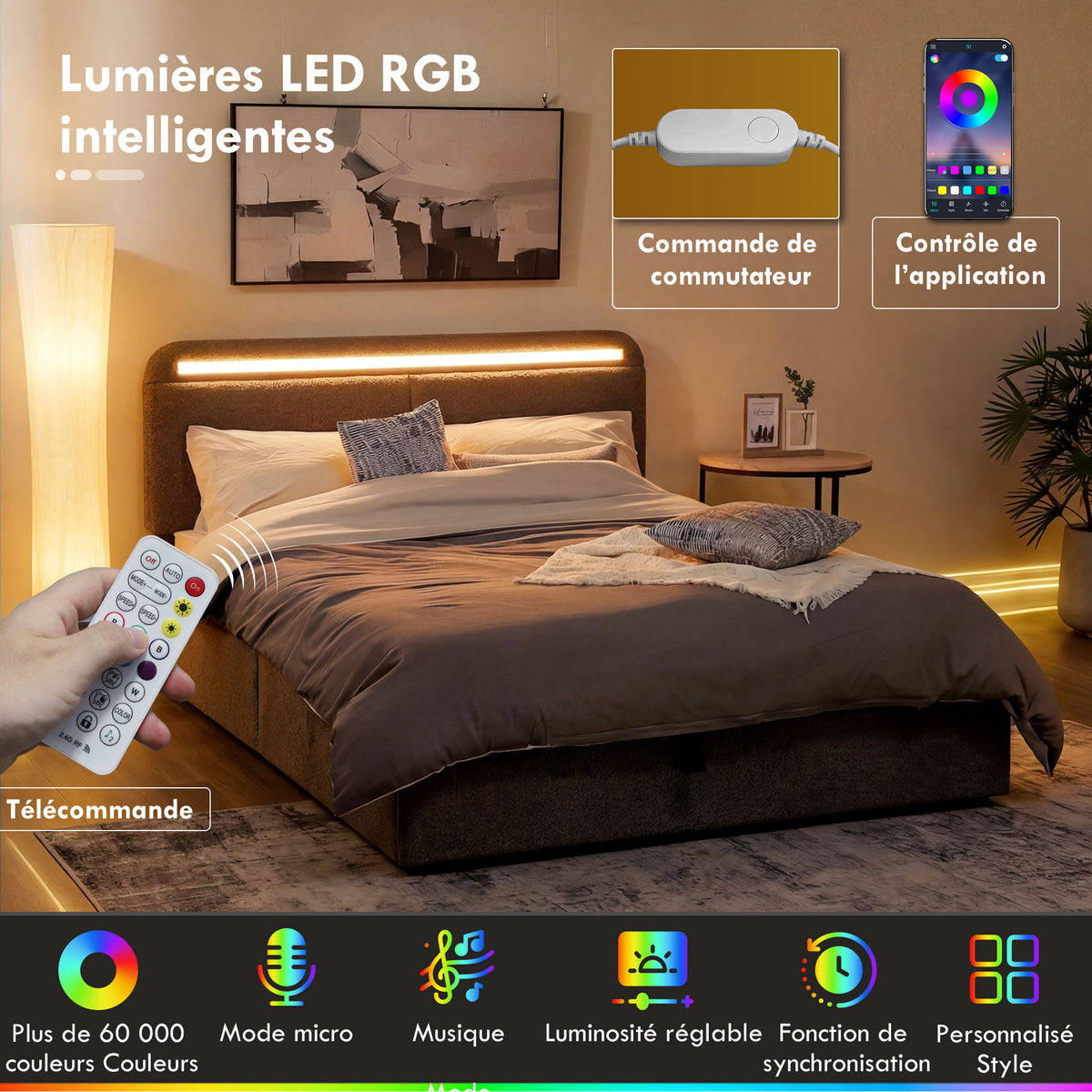 Lit coffre 140 x 190 cm avec éclairage LED, tête de lit réglable, cadre de lit double, sommier à lattes en bois, gris-4
