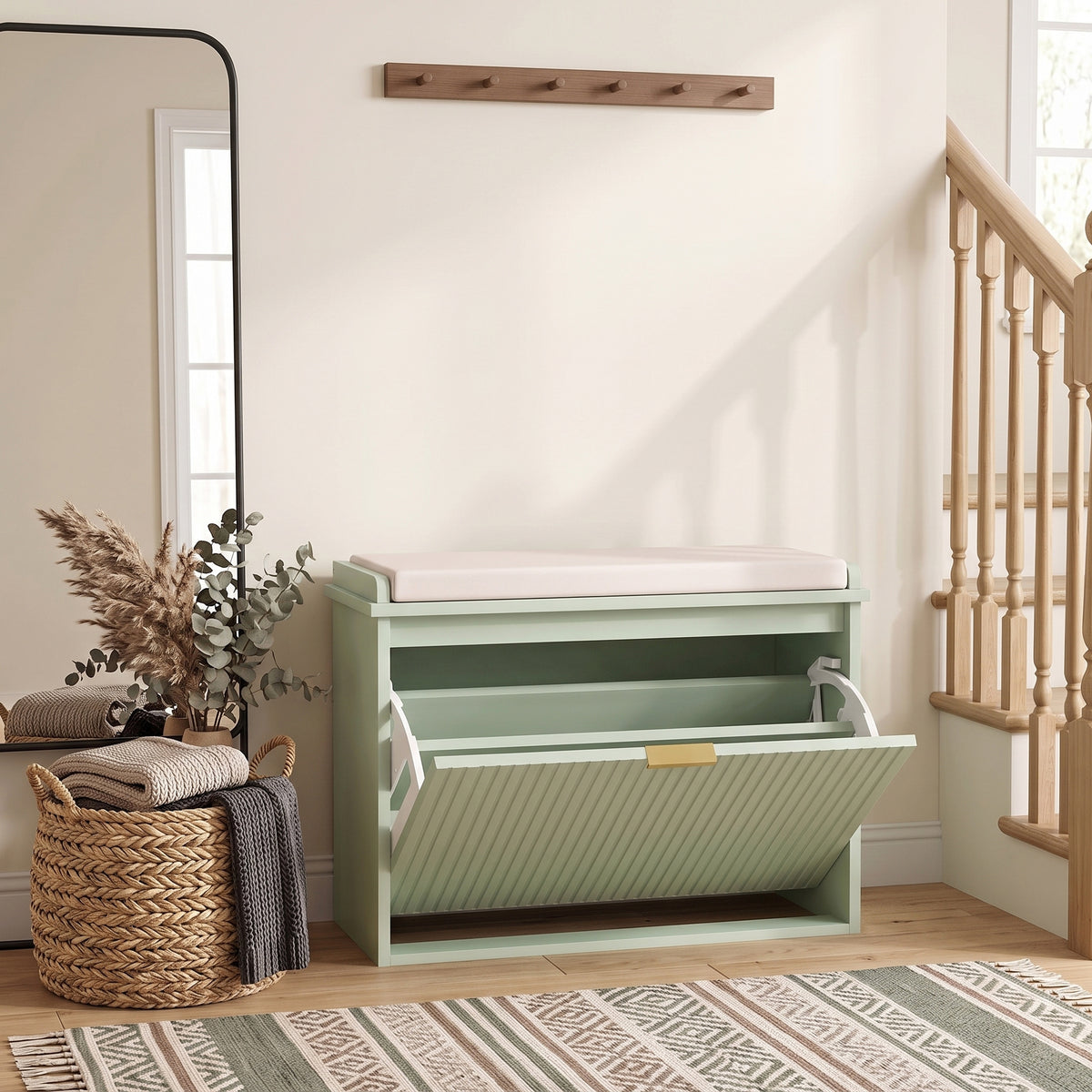 Banc à chaussures avec coussin d'assise rembourré et tiroir rabattable pour couloir, chambre, 62 x 26 x 47,5 cm, vert-1