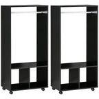 Lot de 2 portants à vêtements penderie mobile avec roulettes 2 niches + Grand Espace penderie en bois noir-0