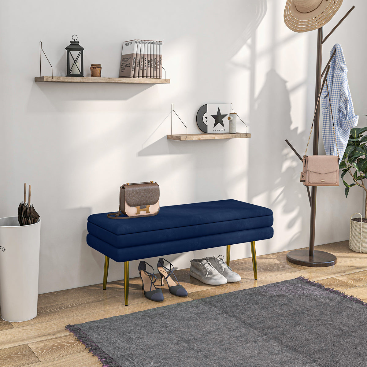 Banc banquette coffre de rangement 2 en 1 assise aspect velours et pieds acier - 100 x 37,5 x 42 cm bleu et doré-1