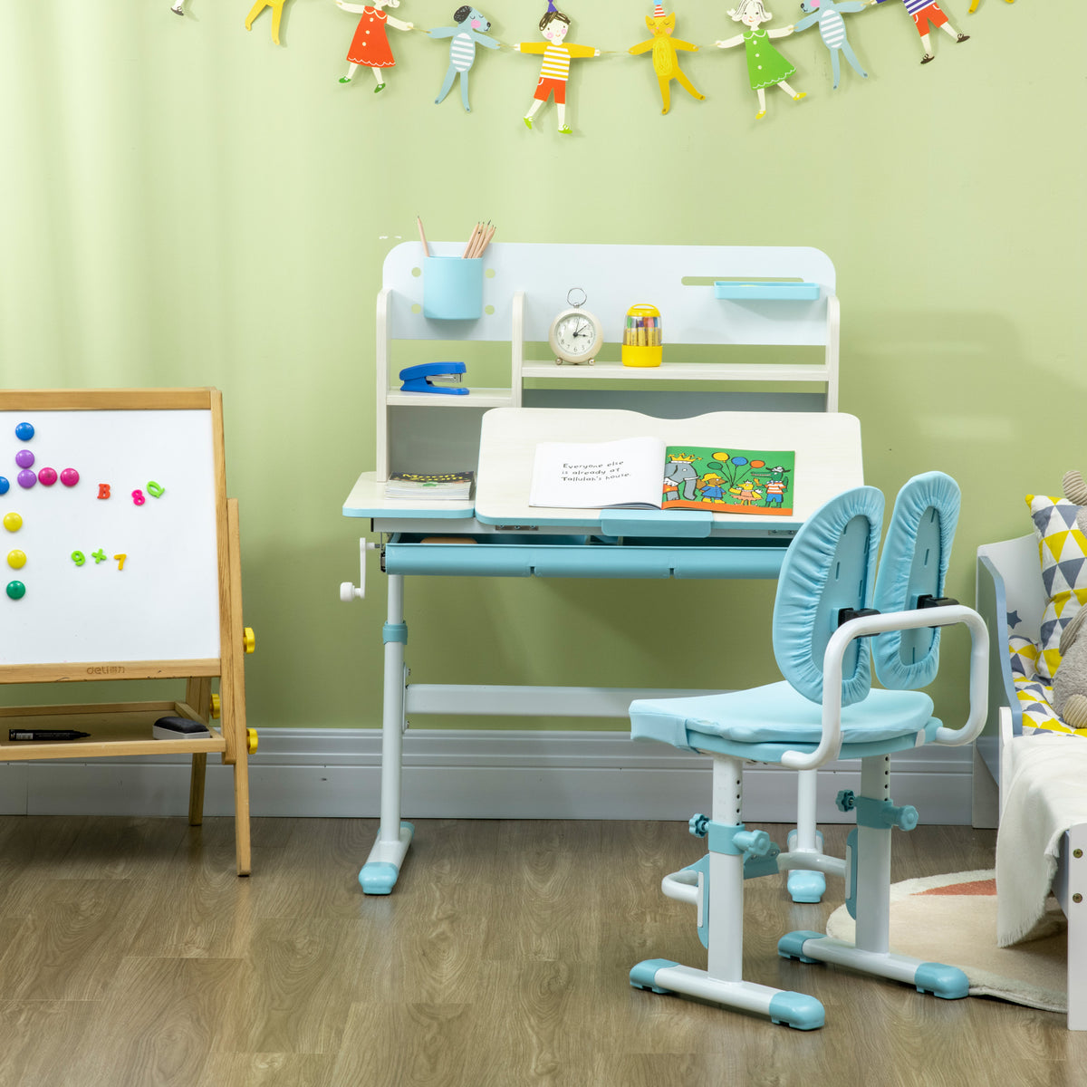 Ensemble bureau et chaise pour enfants hauteur réglable et plateau inclinable 0-60° table 80 x 52 x 88-109 cm bleu-8